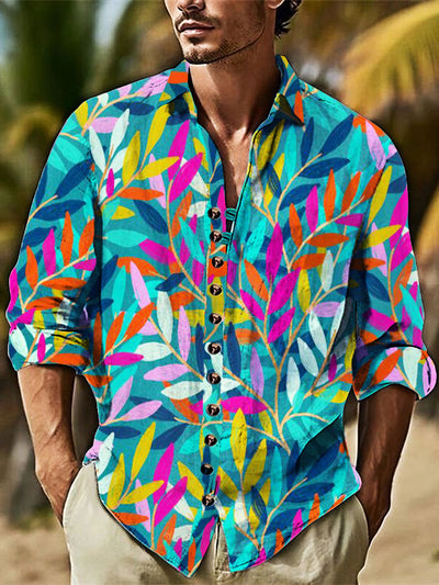 Men's Colorful Leaves Cotton Summer Casual Beach Shirt long Sleeve