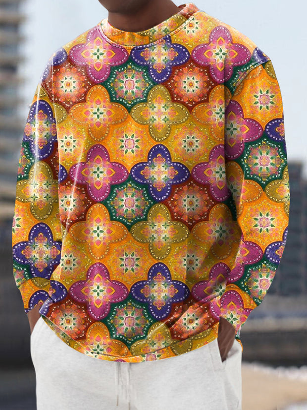 Gentleman Casual Vintage Geometric Floral Art Print Crew Neck Pullover Sweatshirt