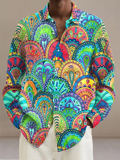 Gentleman Vintage Multicolor Irregular Art Print Long Sleeve Shirt