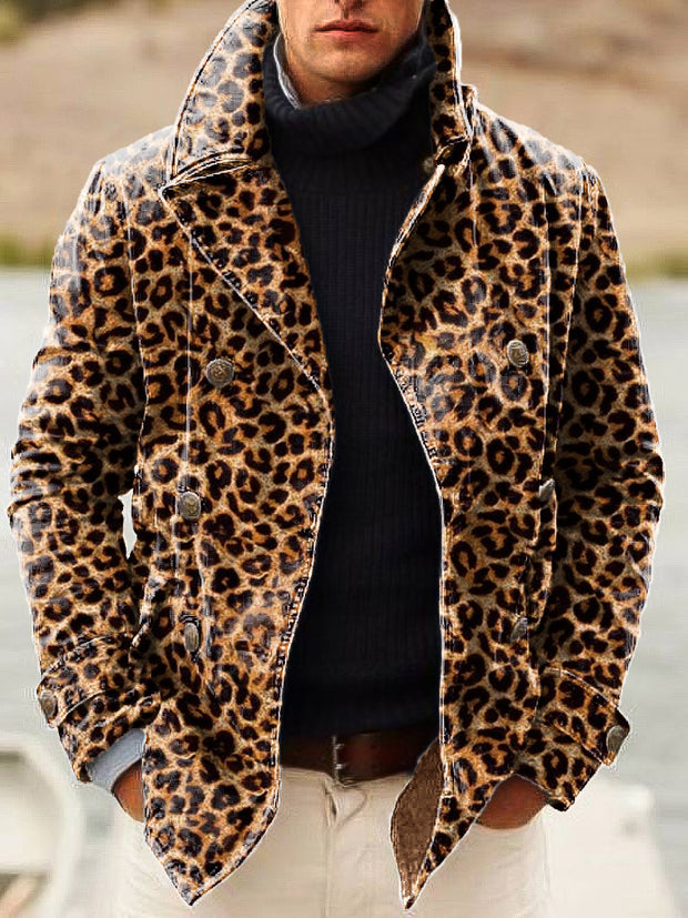 Gentleman Vintage Leopard Art Print Lapel Double Breasted Jacket