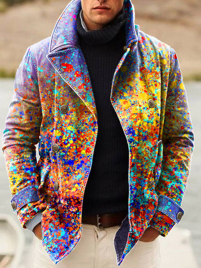 Gentleman Vintage Iridescent Ink Art Print Lapel Double Breasted Jacket