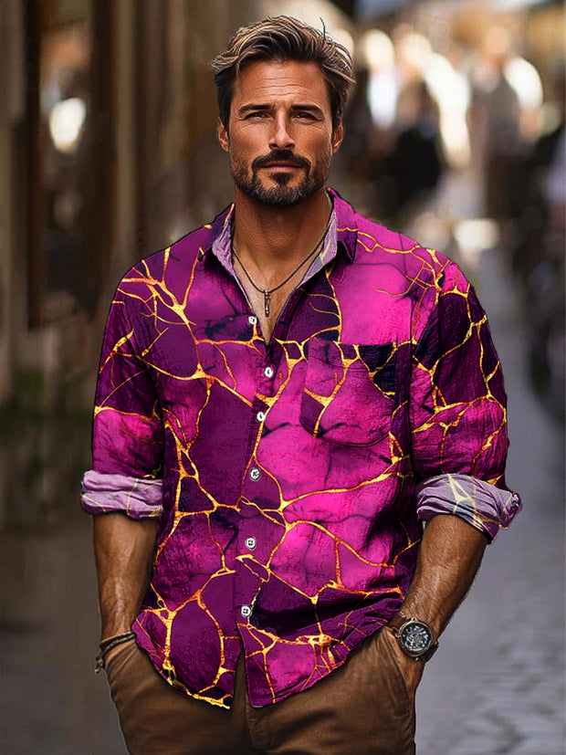 Gentleman Vintage Gold Crackle Art Print Long Sleeve Pocket Shirt