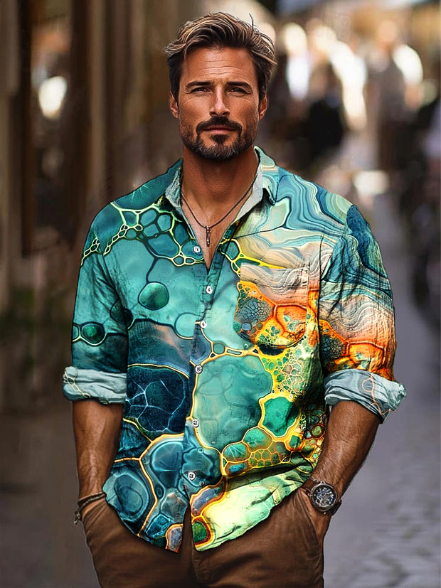 Gentleman Vintage Multicolor Ripple Art Print Long Sleeve Pocket Shirt