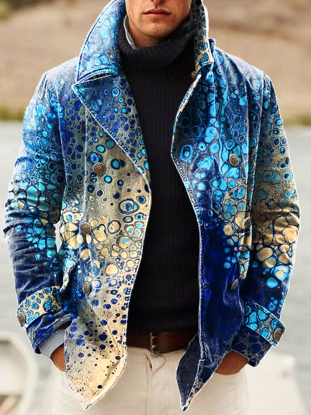 Gentleman Vintage Blue Aqua Art Print Lapel Double Breasted Jacket