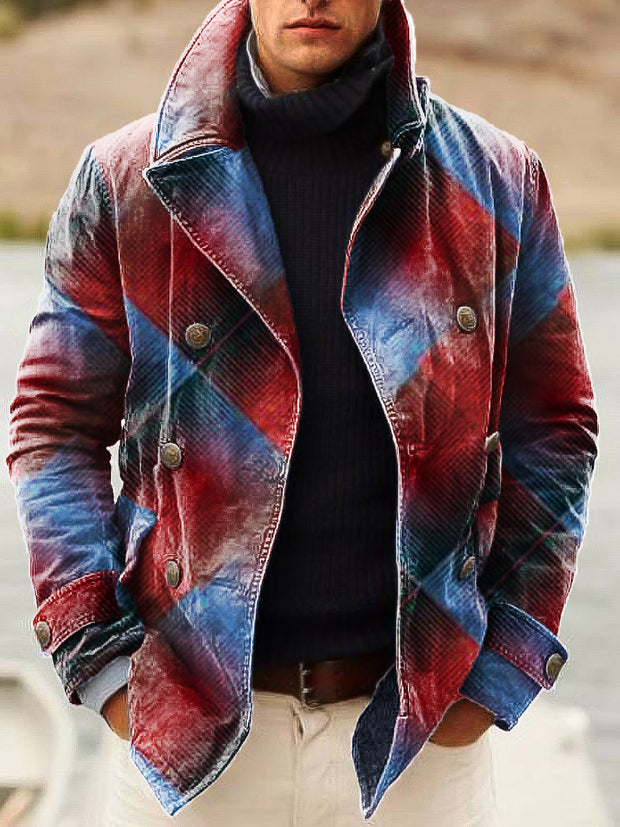 Gentleman Vintage Black Red Blue Geometric Art Print Lapel Double Breasted Jacket