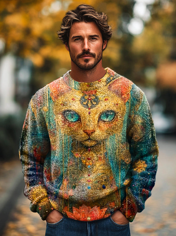 Gentleman Casual Abstract Cat Floral Art Print Crew Neck Sweater