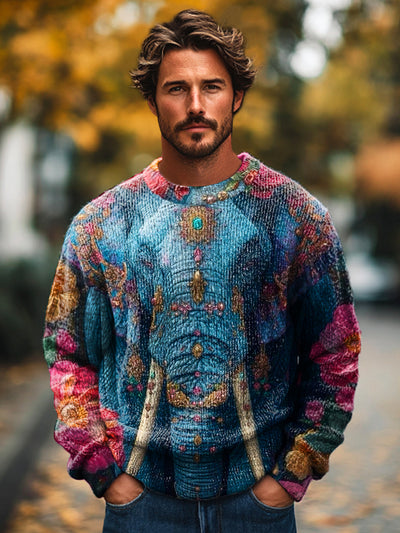 Gentleman Casual Ethnic Style Elephant Floral Art Print Crew Neck Sweater