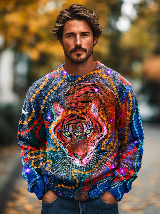 Gentleman Casual Tiger Floral Art Print Crew Neck Sweater