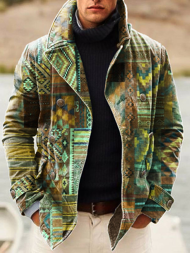 Gentleman Vintage Green Ethnic Art Print Lapel Double Breasted Jacket