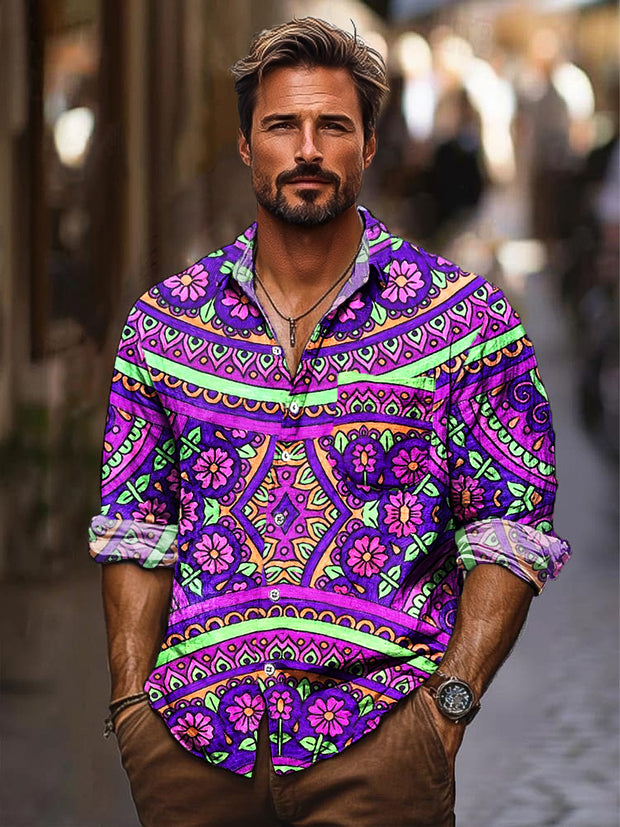 Gentleman Vintage Ethnic Geometric Floral Art Print Long Sleeve Pocket Shirt