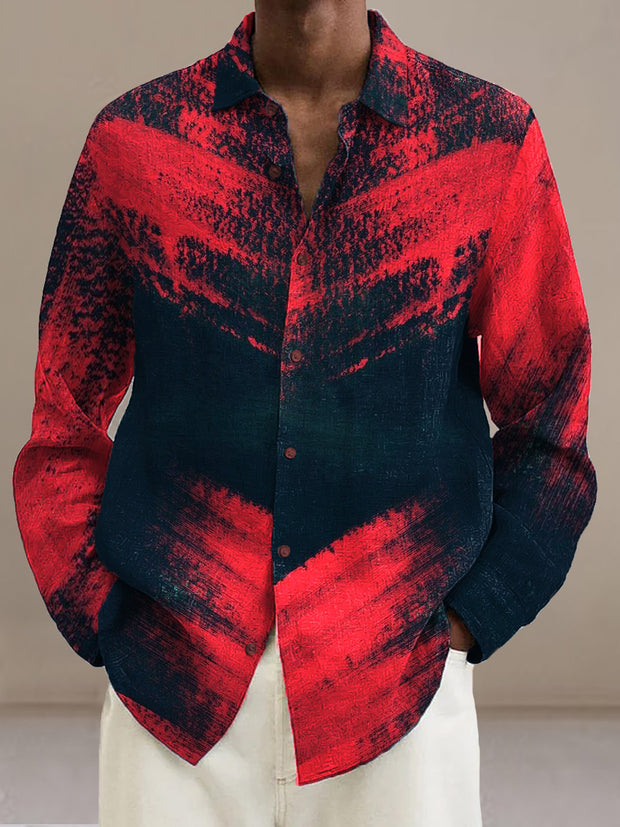 Men's retro art print casual fashion lapel shirt long sleeved