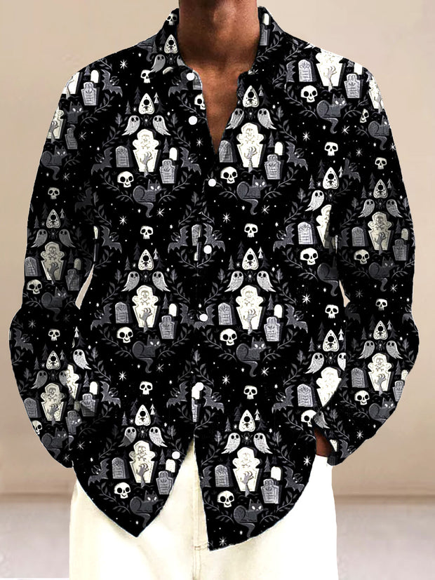 Men's Retro Skull Art Printed Casual Fashion Collar Shirt Long Sleeve