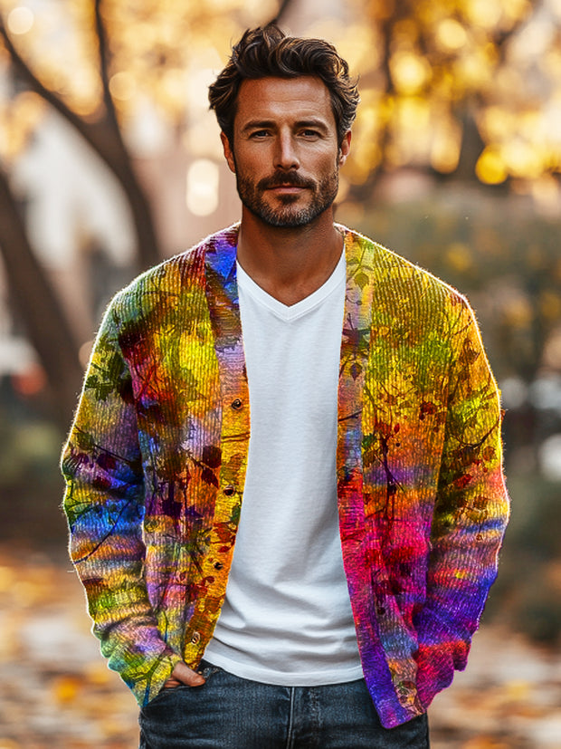 Gentleman Vintage Color Swoosh Leaf Art Print V-Neck Cardigan Sweater