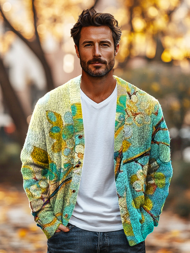 Gentleman Vintage Gradient Floral Art Print V-Neck Cardigan Sweater