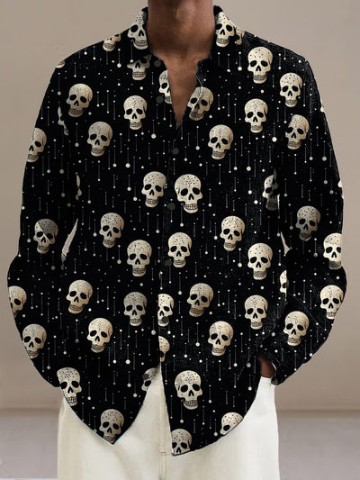 Men's retro skull print casual fashion lapel shirt long sleeved