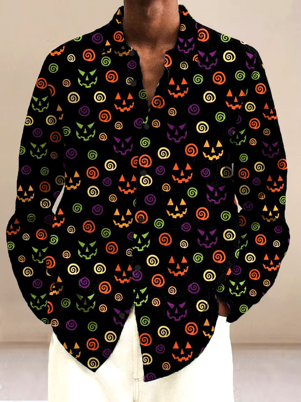 Men's Halloween design pattern retro print casual fashion lapel shirt long sleeved