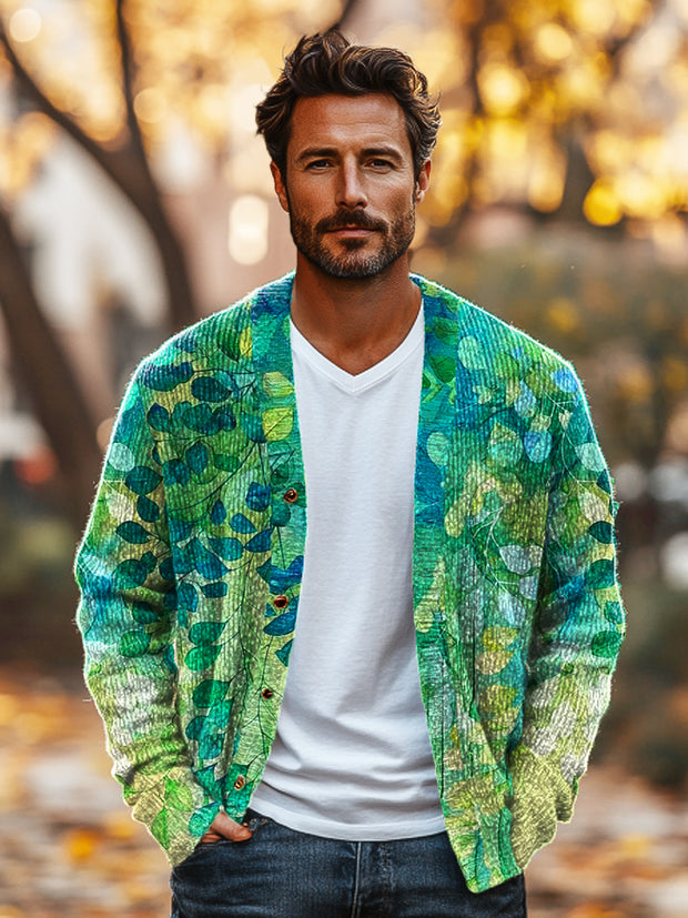 Gentleman Vintage Gradient Leaf Art Print V-Neck Cardigan Sweater