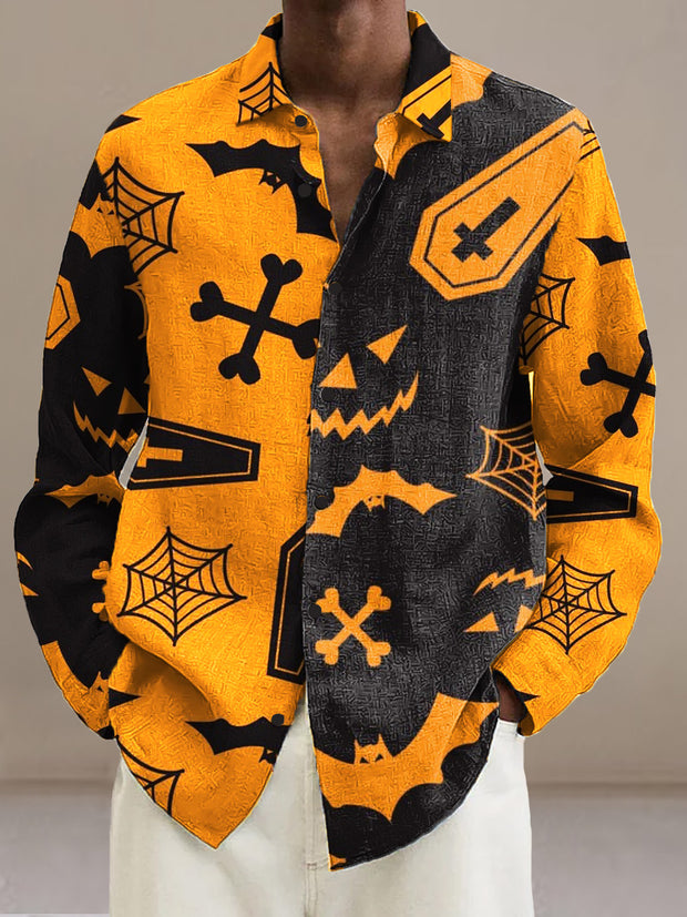 Men's Halloween design pattern retro print casual fashion lapel shirt long sleeved