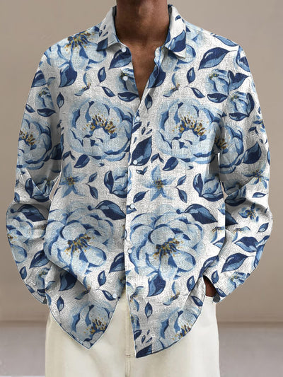 Men's Retro Flower Pattern Printed Casual Fashion Collar Shirt Long Sleeve