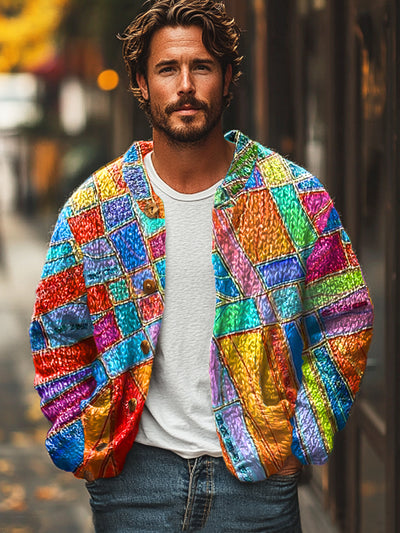 Gentleman Vintage Rainbow Color Block Art Print Cardigan Sweater