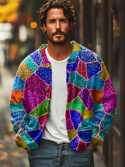 Gentleman Vintage Rainbow Color Irregular Art Print Cardigan Sweater