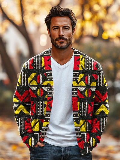 Gentleman Vintage Multicolor Ethnic Geometric Art Print V-Neck Cardigan Sweater