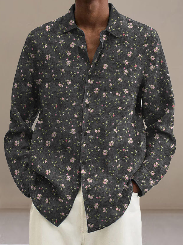 Men's floral pattern retro print casual fashion lapel shirt long sleeved