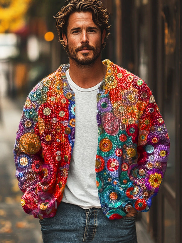 Gentleman Vintage Multicolor Round Floral Art Print Cardigan Sweater