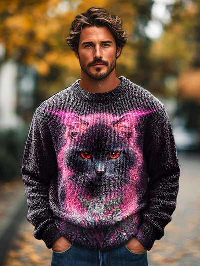 Gentleman Casual Pink Cat Art Print Crew Neck Sweater