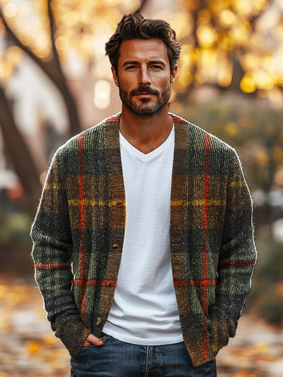 Gentleman Vintage Brown Plaid Art Print V-Neck Cardigan Sweater