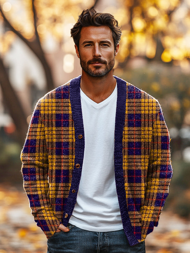 Gentleman Vintage Multicolor Plaid Art Print V-Neck Cardigan Sweater