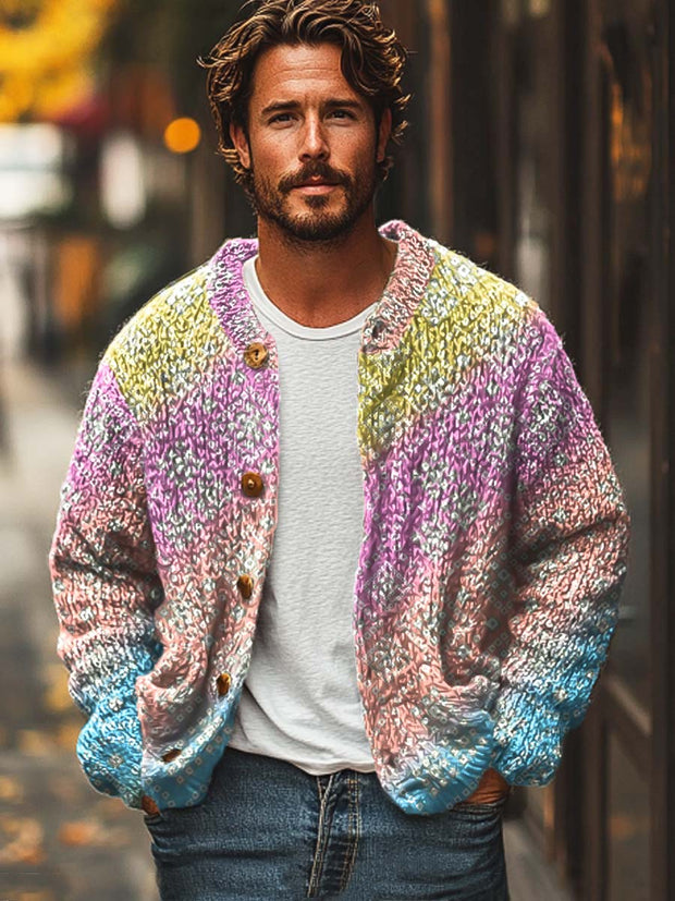 Men's macaron color fresh print casual cardigan sweater jacket