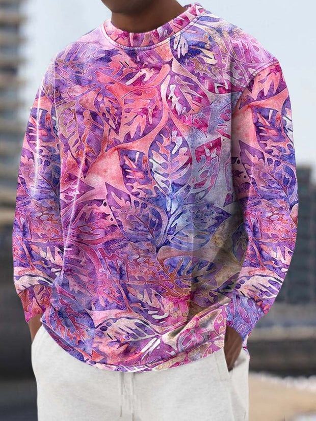 Men's crystal leaf digital print round neck long sleeve sweatshirt