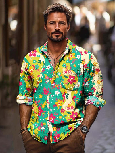 Men's youthful vitality floral print shirt long sleeved