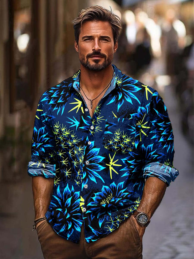 Men's fashion mystery blue printed shirt long sleeved