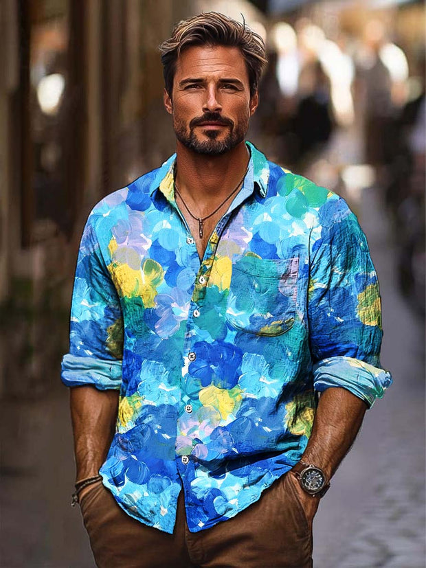 Men's blue oil painting print shirt long sleeved