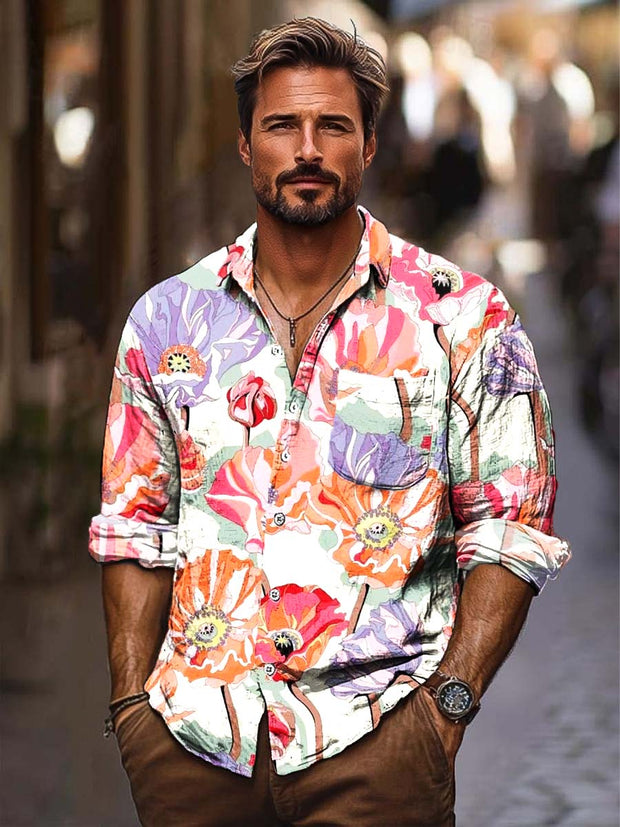 Men's seaside vacation fashion print casual long sleeve shirt