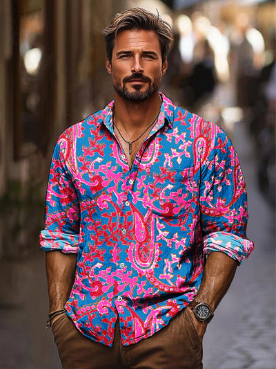 Men's beach vacation fashion trend print long sleeve shirt