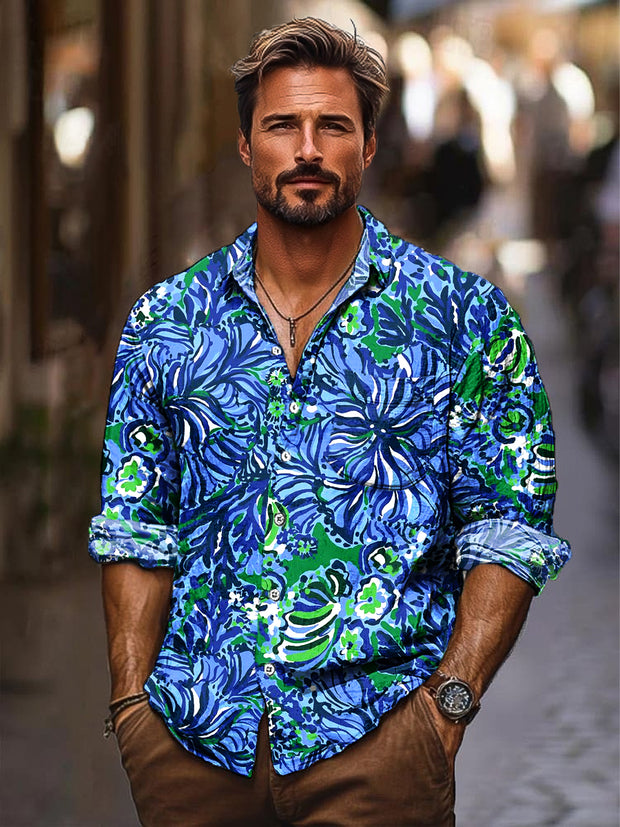 Men's laid-back style printed floral fashion long-sleeved shirt