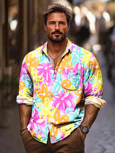 Men's colorful floral print casual long-sleeved shirt