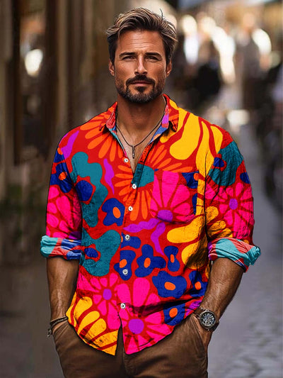 Men's abstract art colorful print casual long-sleeved shirt