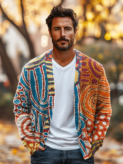 Gentleman Vintage Ethnic Irregular Art Print V-Neck Cardigan Sweater