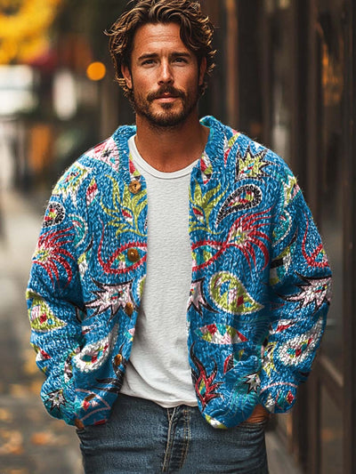 Men's abstract art print casual loose sweater jacket