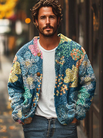 Men's fashion floral print casual loose sweater jacket