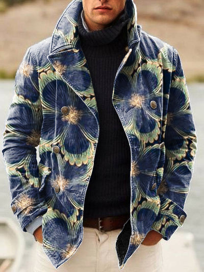 Gentleman Vintage Abstract Floral Art Print Lapel Double Breasted Jacket