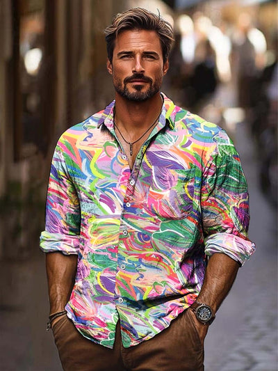 Men's color oil painting fashion print casual long-sleeved shirt