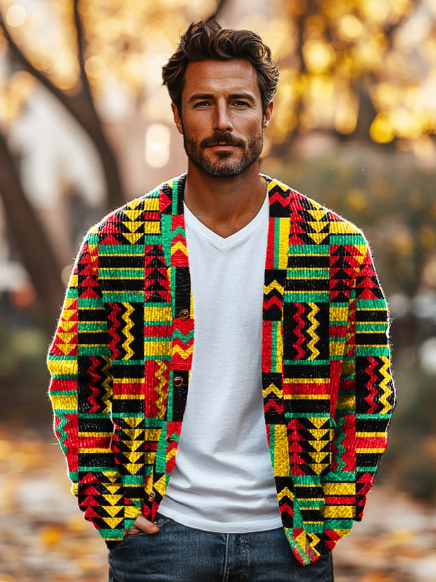 Gentleman Vintage Colorful Ethnic Geometric Art Print V-Neck Cardigan Sweater