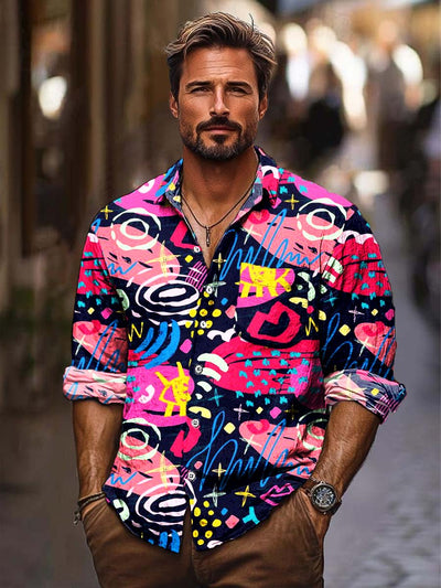 Men's colorful abstract graffiti fashion print loose long sleeve shirt