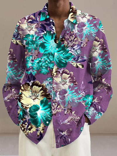 Men's colorful floral fashion print casual loose sleeve shirt