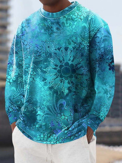 Men's blue jacquard fashion print casual loose long sleeve crewneck sweatshirt